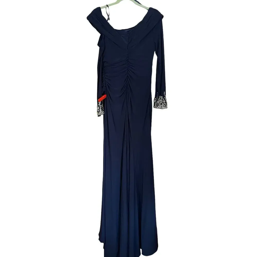 Mac Duggal 10 NEW Beaded Cuff Drop Shoulder Faux Wrap Gown Midnight Blue 12231 - Picture 6 of 8